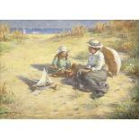 William Kay Blacklock (British, active 1897-1921) Sandcastles at the seaside; Girl and a hungry g...