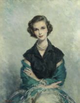 Simon Elwes (British, 1902-1975) Portrait of Susan Leslie in a blue shawl