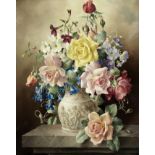 Harold Clayton (British, 1896-1979) Still life with yellow and pink roses
