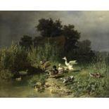 Carl Jutz I (German, 1838-1916) Ducks by the water's edge