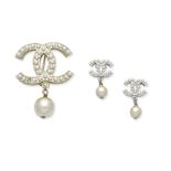 CHANEL: A CC AND SIMULATED PEARL MATCHED BROOCH AND EARRING SET 2004 and 2005 (Includes box)