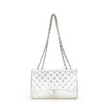 CHANEL: A METALLIC SILVER AGED CALFSKIN JUMBO FLAP BAG 2008-09 (includes serial sticker and authe...