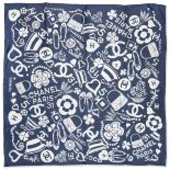 CHANEL: A BLUE AND WHITE EMBLEMS SILK SCARF Spring 2019