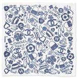 CHANEL: A WHITE AND BLUE EMBLEMS SILK SCARF Spring 2019