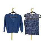 BOTTEGA VENETA: A BLUE AND PURPLE COTTON TOP AND A BLUE CASHMERE CARDIGAN