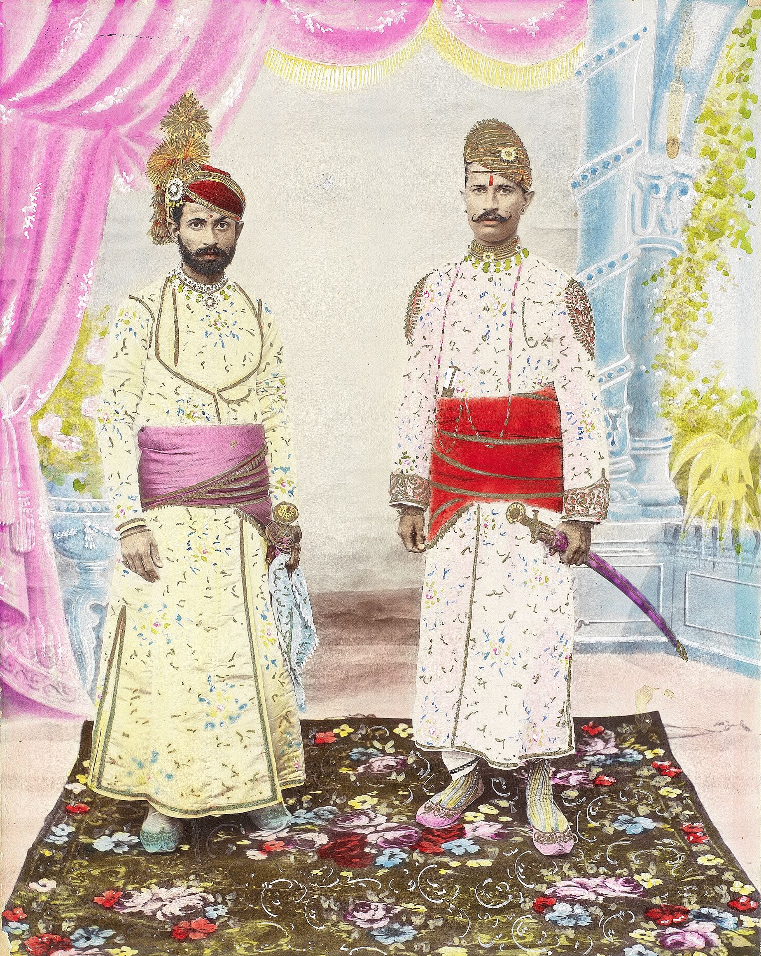 A painted photograph of two standing princes India, late 19th Century