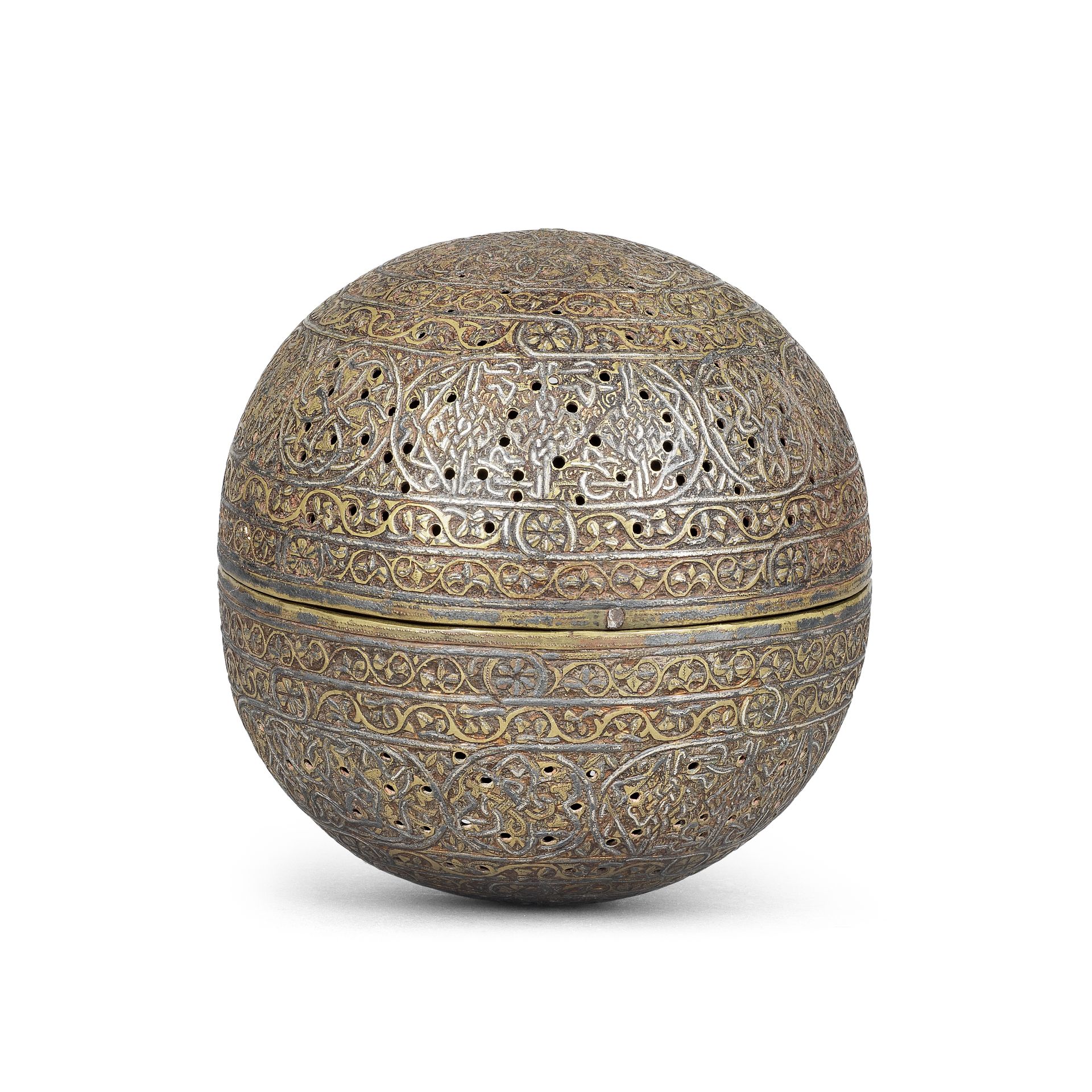 A 'Veneto-Saracenic' silver-inlaid pierced brass incense burner Syria, 14th/ 15th Century - Bild 2 aus 2