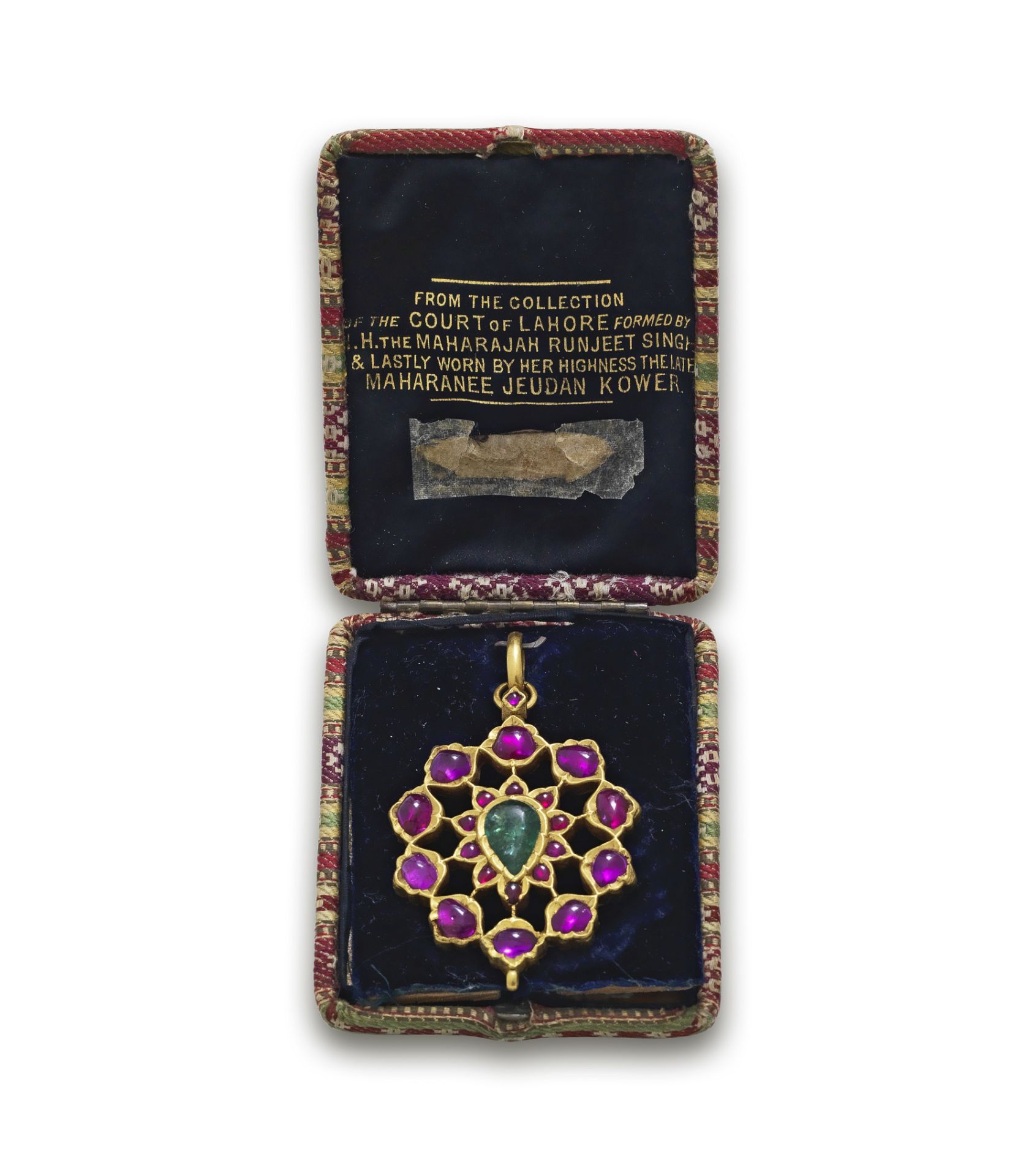 An emerald and diamond-set gold pendant from the collection of Maharani Jindan Kaur (1817-63), wi...