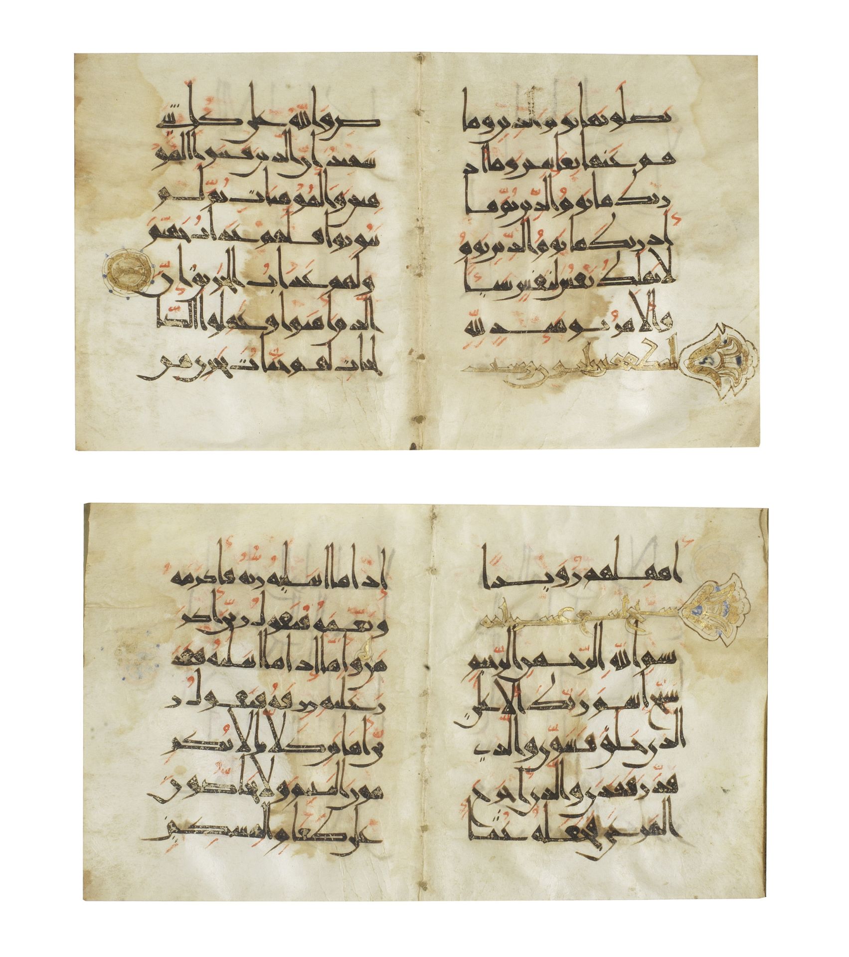 Two bifolia from a manuscript of the Qur'an written in Eastern kufic script on vellum Persia or M...