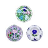 Three St. Louis faceted flower glass paperweights, dated 1993, 1995 and 1996