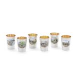 A cased set of six German silver and enamel tot cups circa 1920, also incuse stamped 900