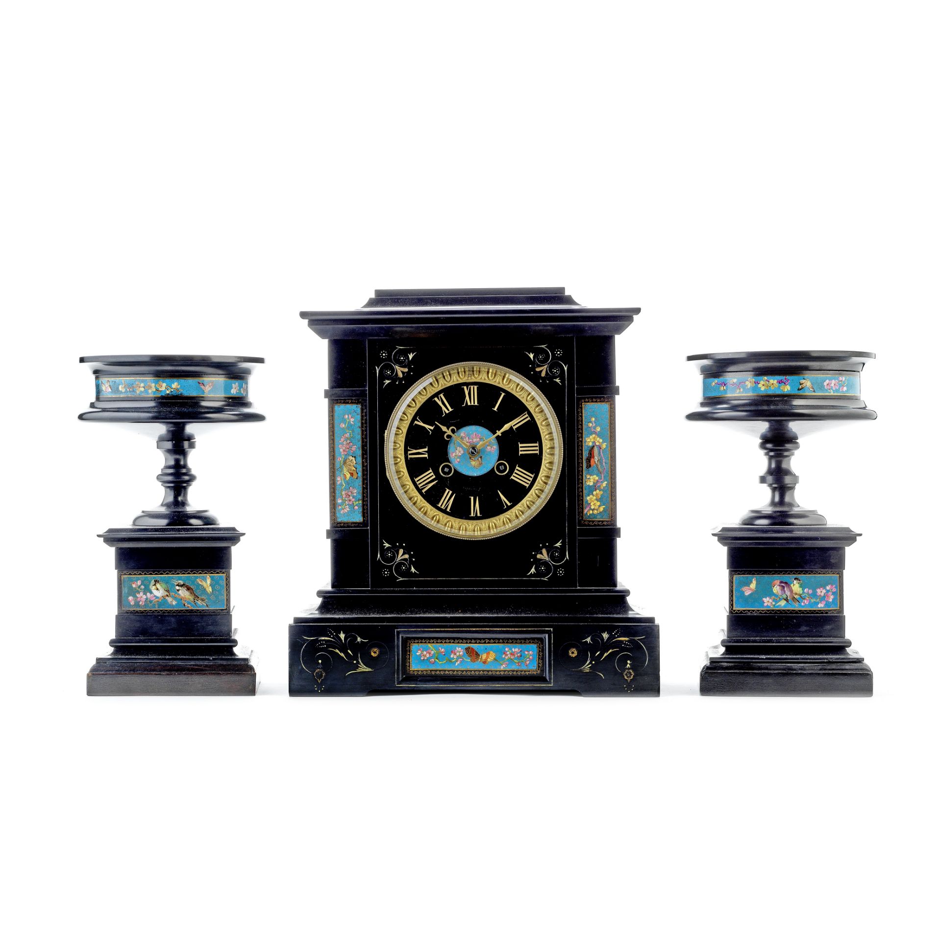 A late 19th century French black marble and champlev&#233; enamel panel inset clock garniture in ...