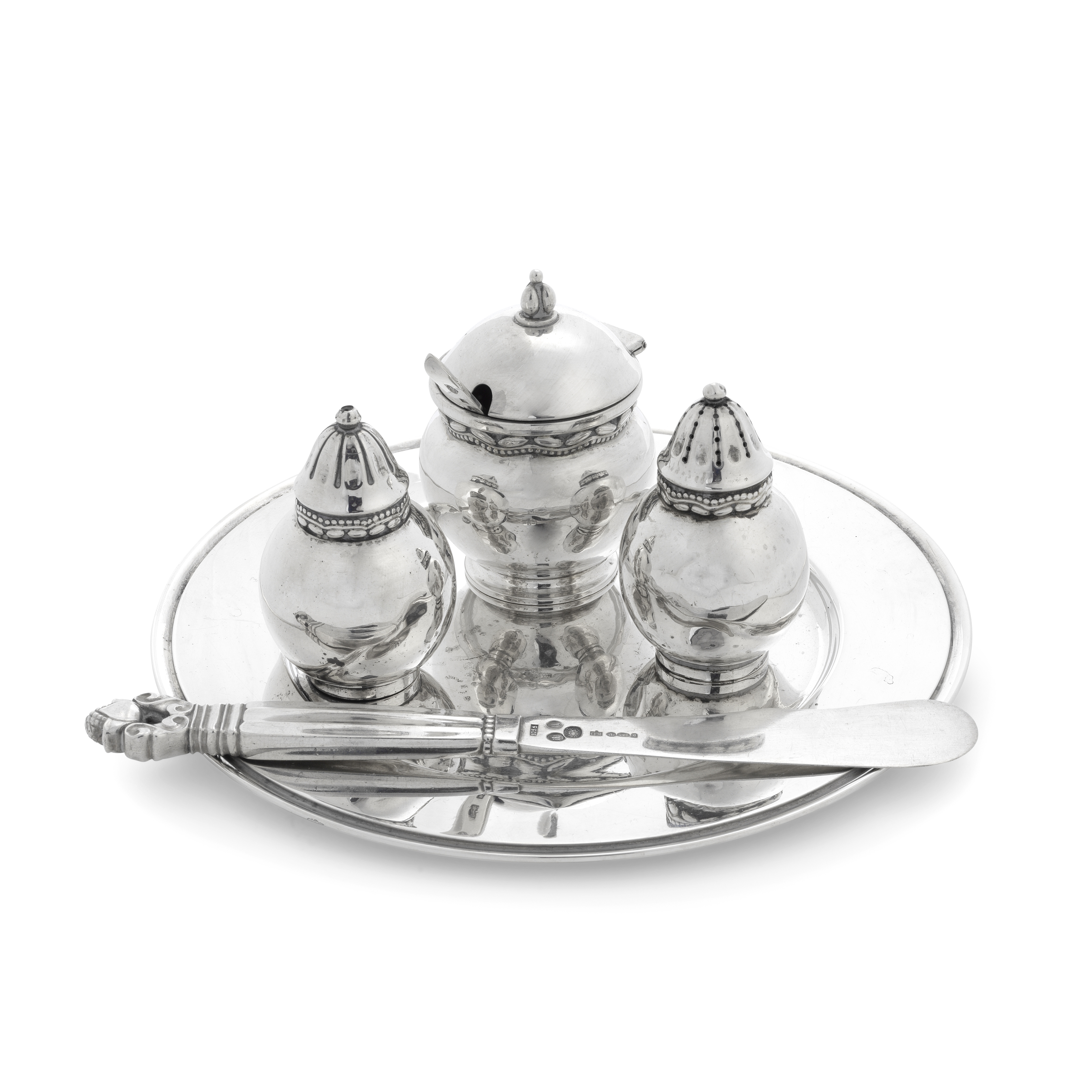 GEORG JENSEN: a Danish silver condiment set Copenhagen, import marks for Stockwell & Co, London ...