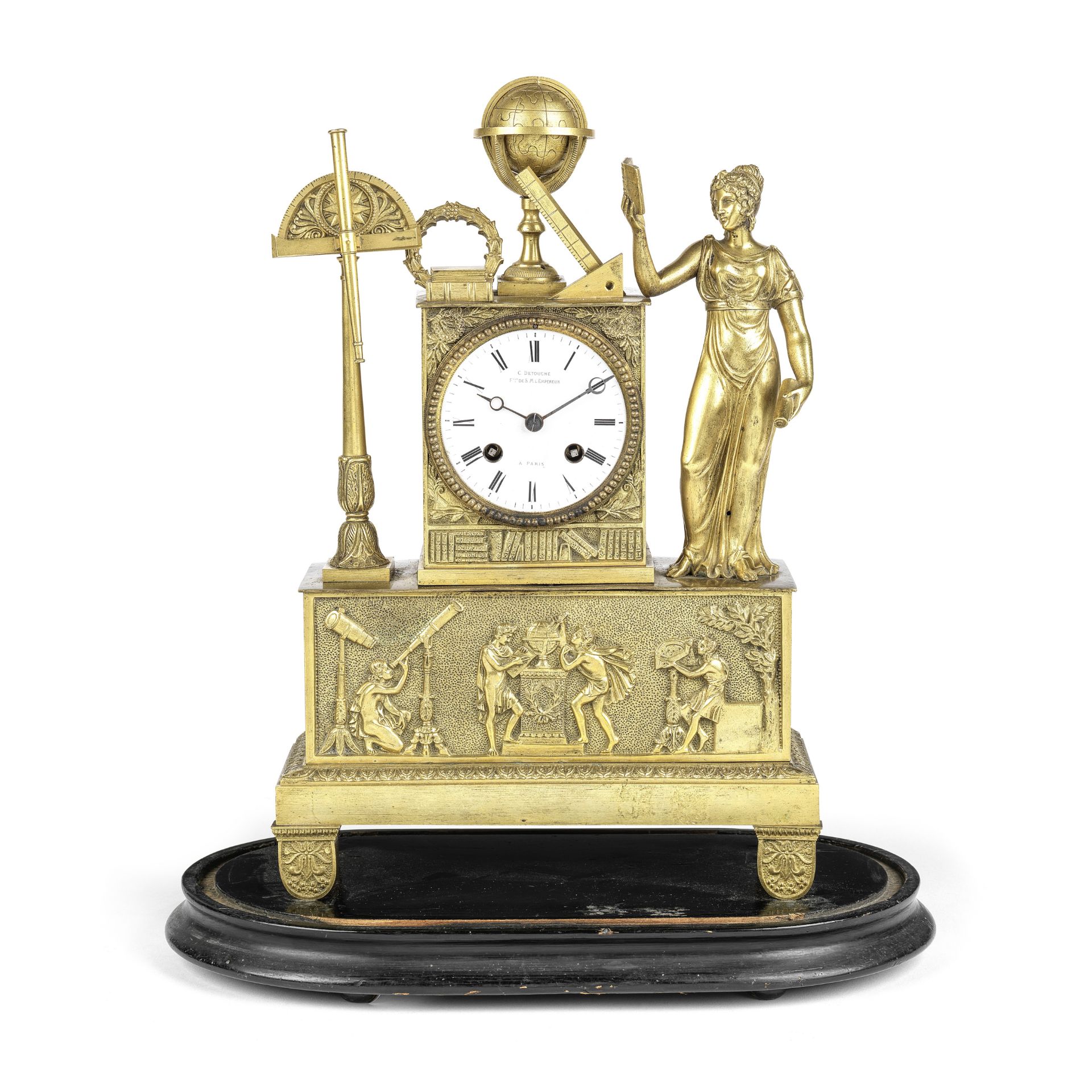 A third quarter 19th century French gilt bronze figural mantel clock in the Empire taste, the di...