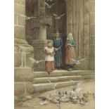 John Edward Goodall (British, active 1877-1891) Feeding the birds on the church steps