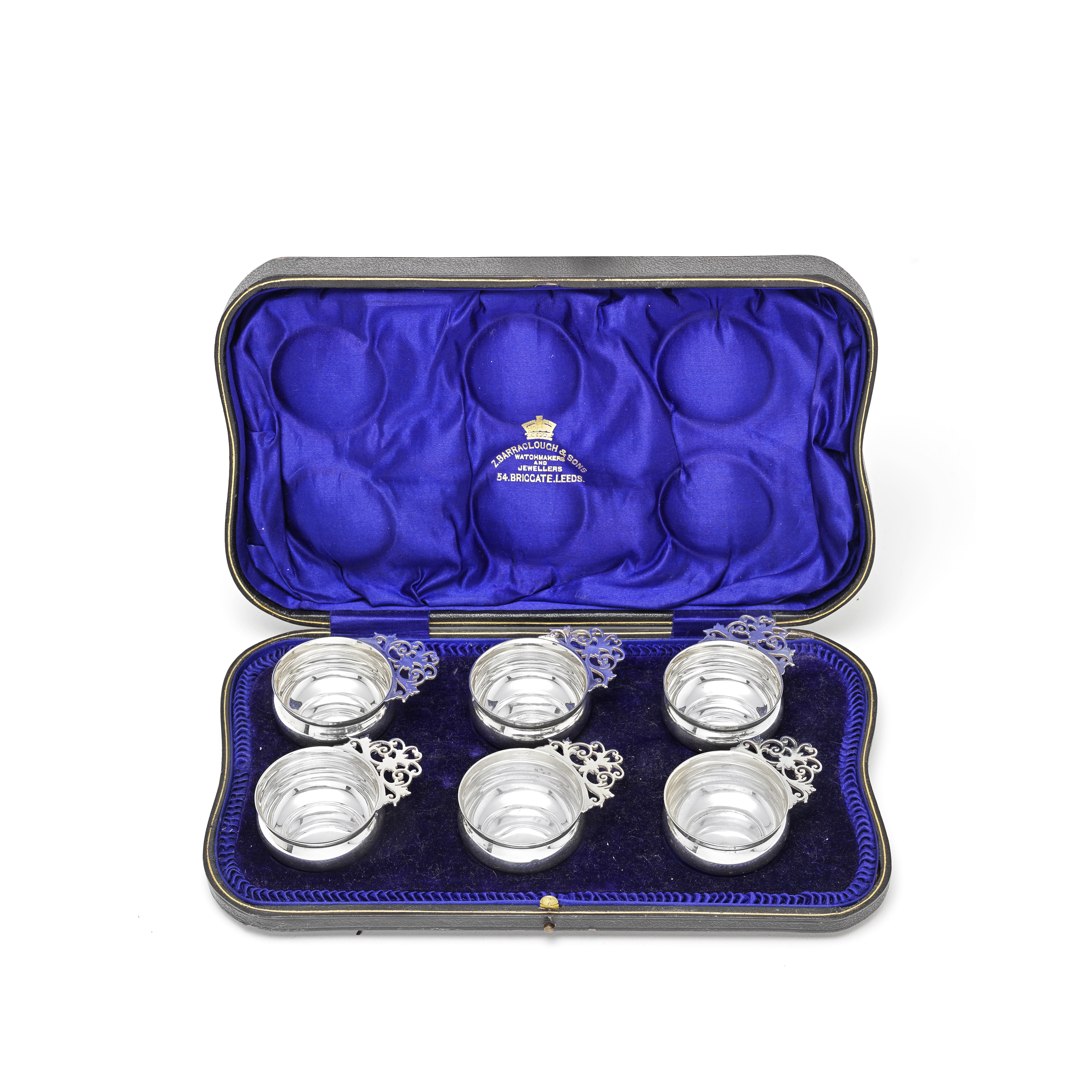 A cased set of six Edwardian silver miniature porringers / tasters Z Barraclough & Sons, London 1909