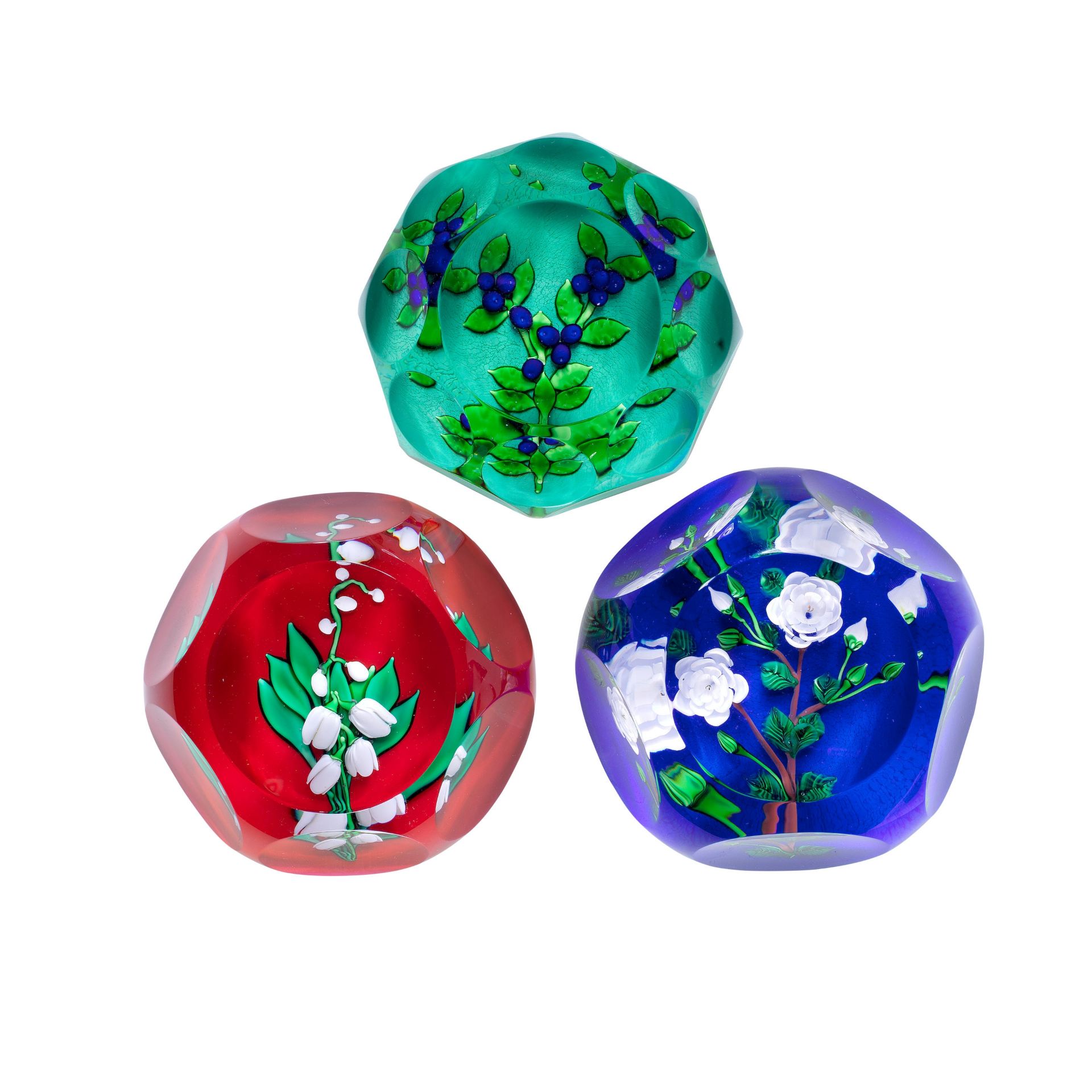 Three faceted St. Louis flower paperweights, dated 1982, 1987 and 1991