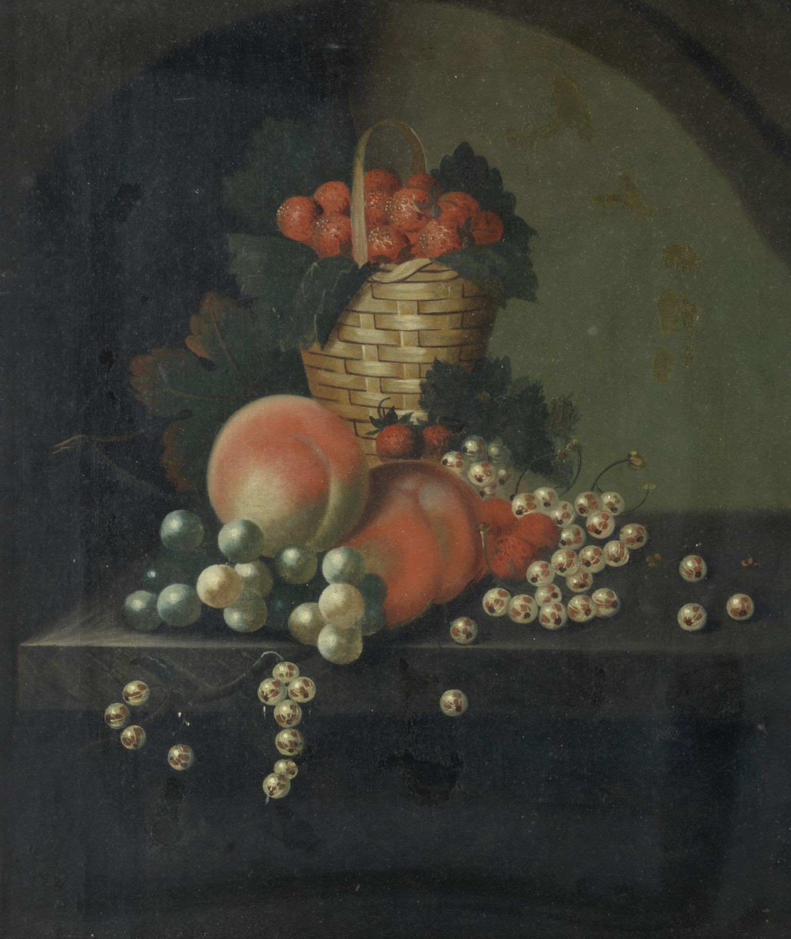 William Jones of Bath (active Britain 1764-1779) A basket of strawberries, peaches and other fr...