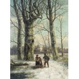 Attributed to Hendrik Barend Koekkoek (Dutch, 1849-circa 1885) Woods in winter with figures on a ...