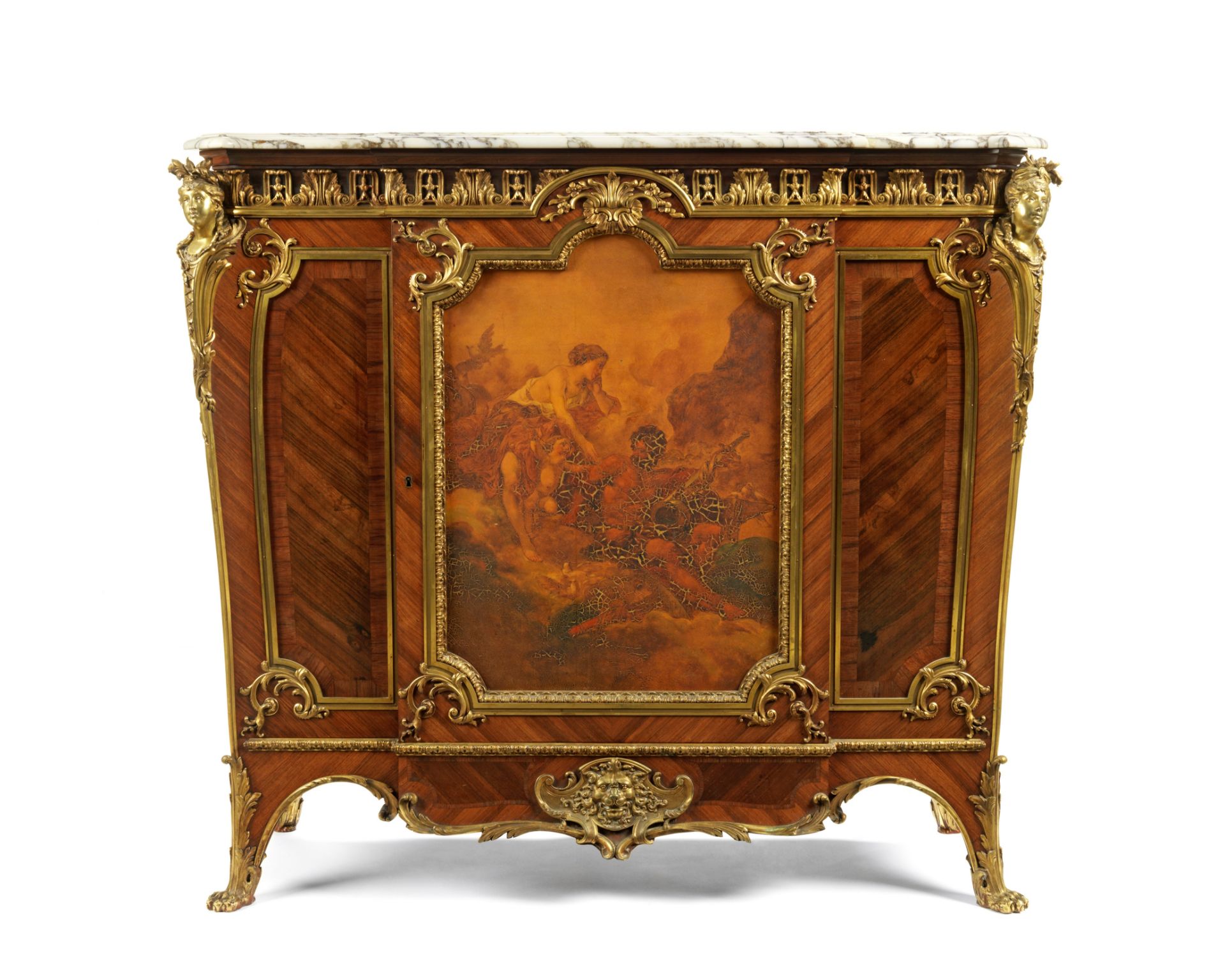 A French late 19th century ormolu mounted kingwood, palisander and Vernis Martin meuble a hauteur...