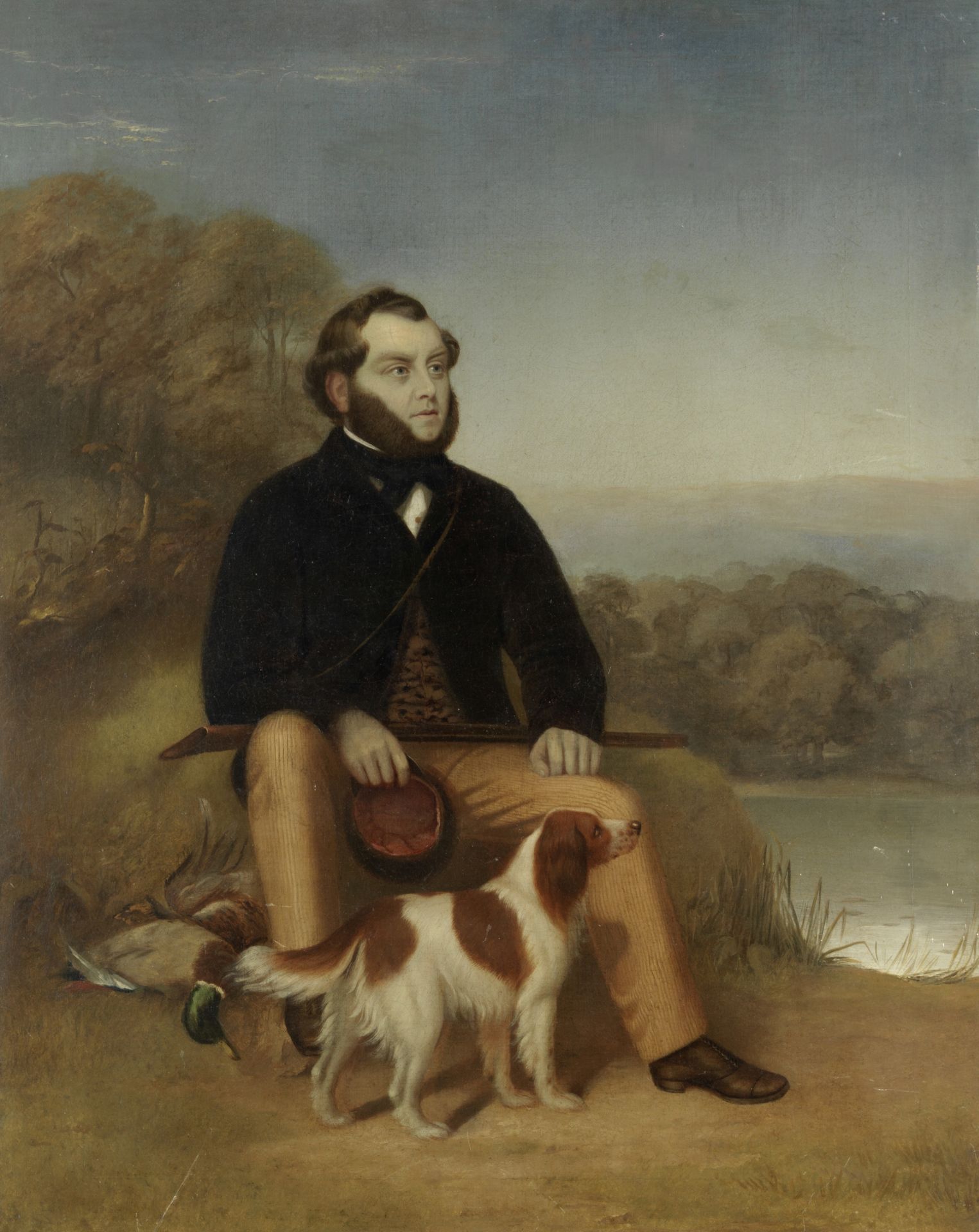 English School (19th Century) Portrait of a gentleman with his spaniel after duck shooting