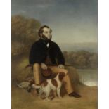 English School (19th Century) Portrait of a gentleman with his spaniel after duck shooting