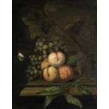 Robert van der Myn (Active London, 18th Century) Peaches, grapes and a butterfly on a stone table...