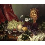 James Charles Ward (British, active 1830-1875) Still life of fruit on a silver platter with a gol...