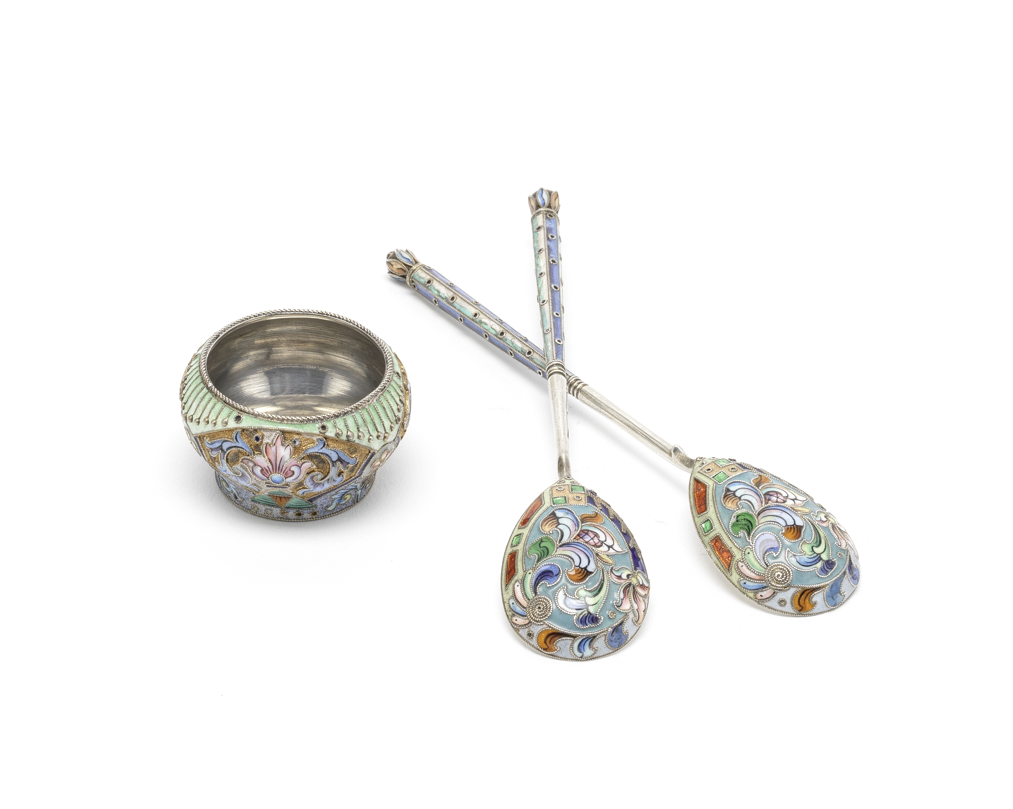 A pair of Russian silver and enamel spoons Nikolai Pavlov, Moscow 1908 - 1927 mark (3)