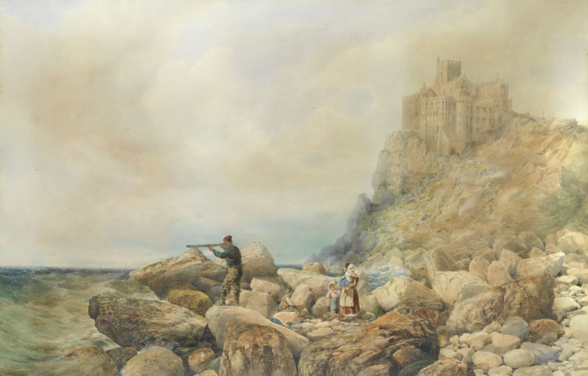 John Henry Mole (British, 1814-1886) Figures on a rocky shore, a castle in the distance