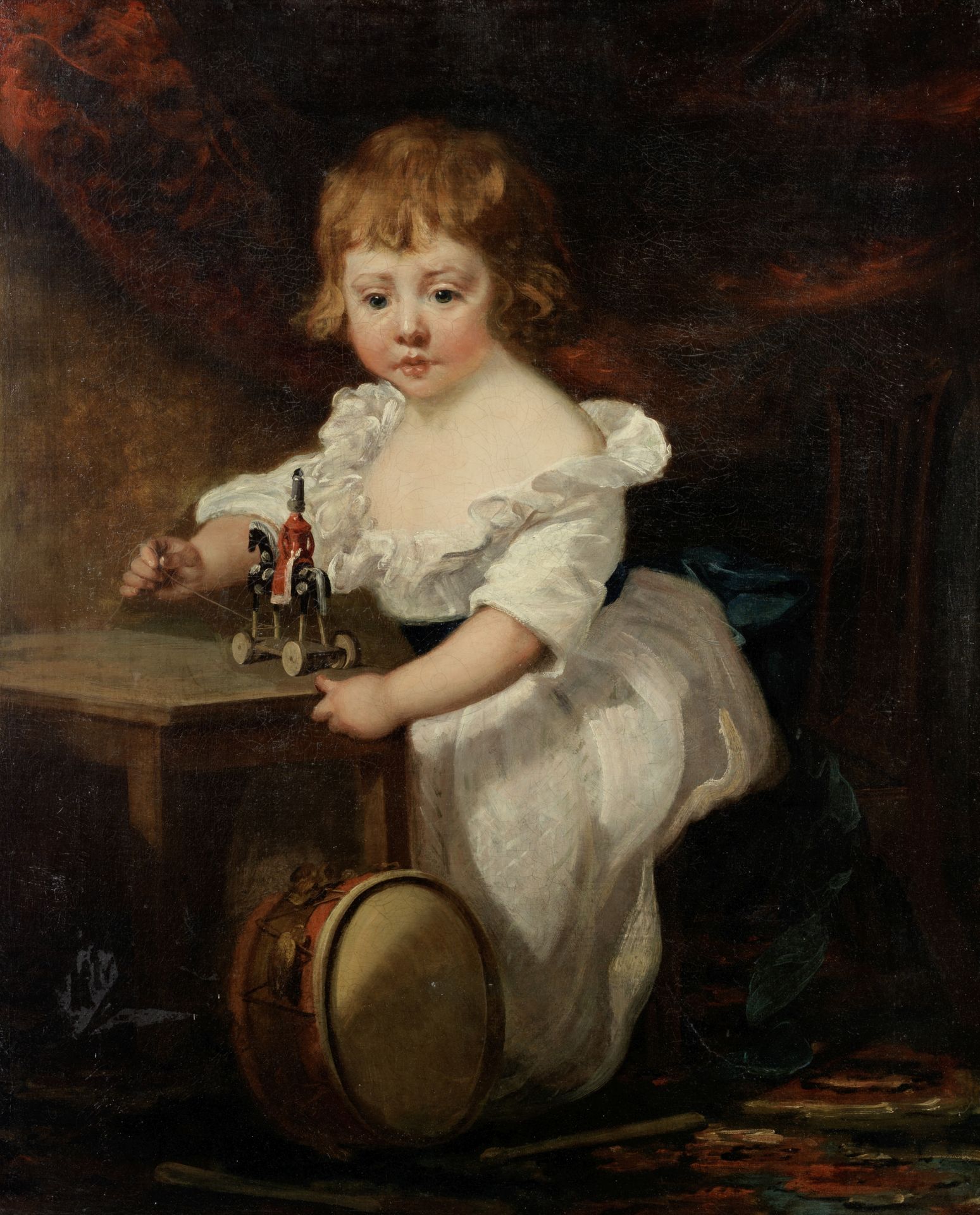 English School, 19th Century Portrait of a young girl playing with toy soldier
