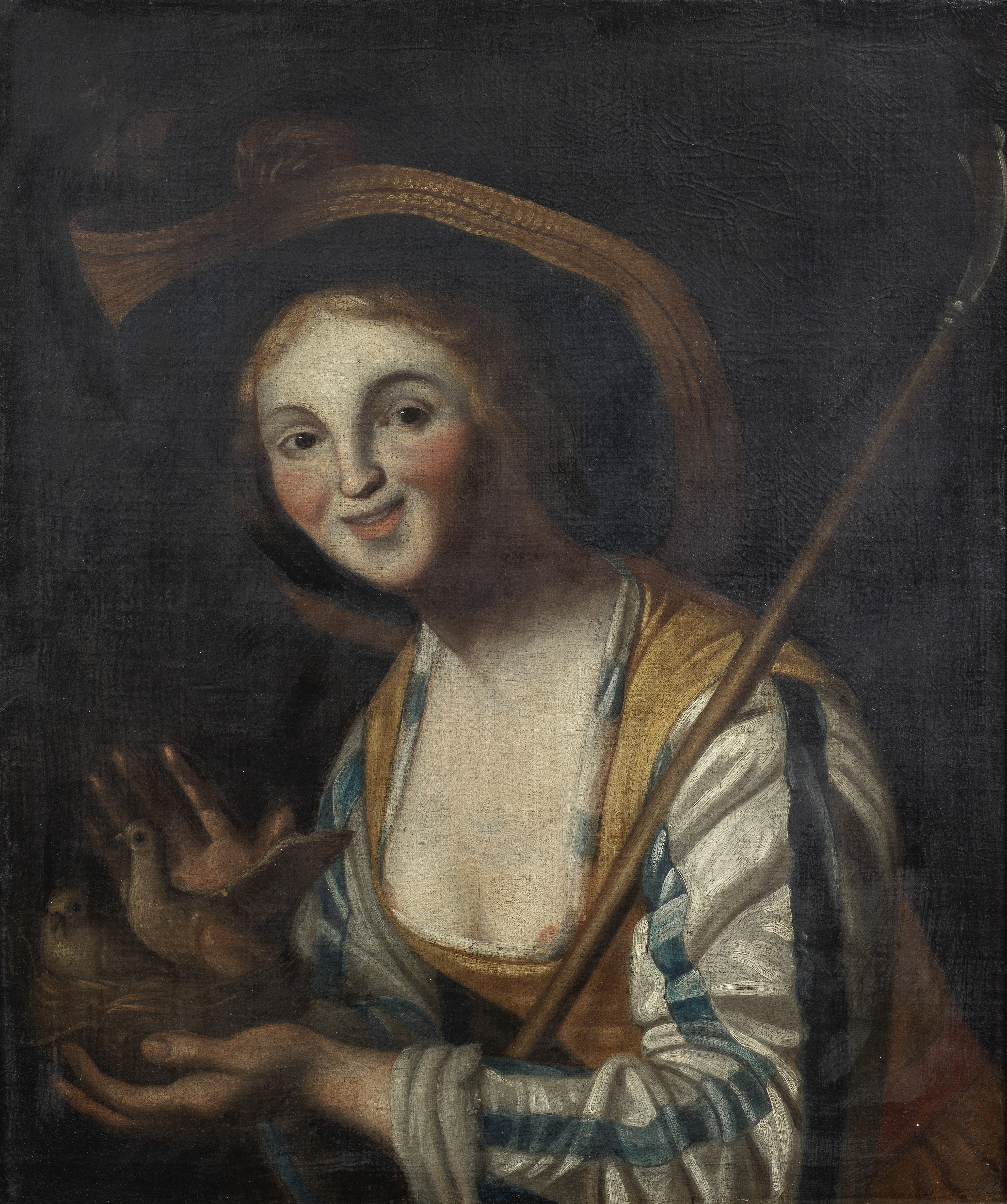 After Gerrit van Honthorst, circa 1800 A shepherdess holding a basket of birds