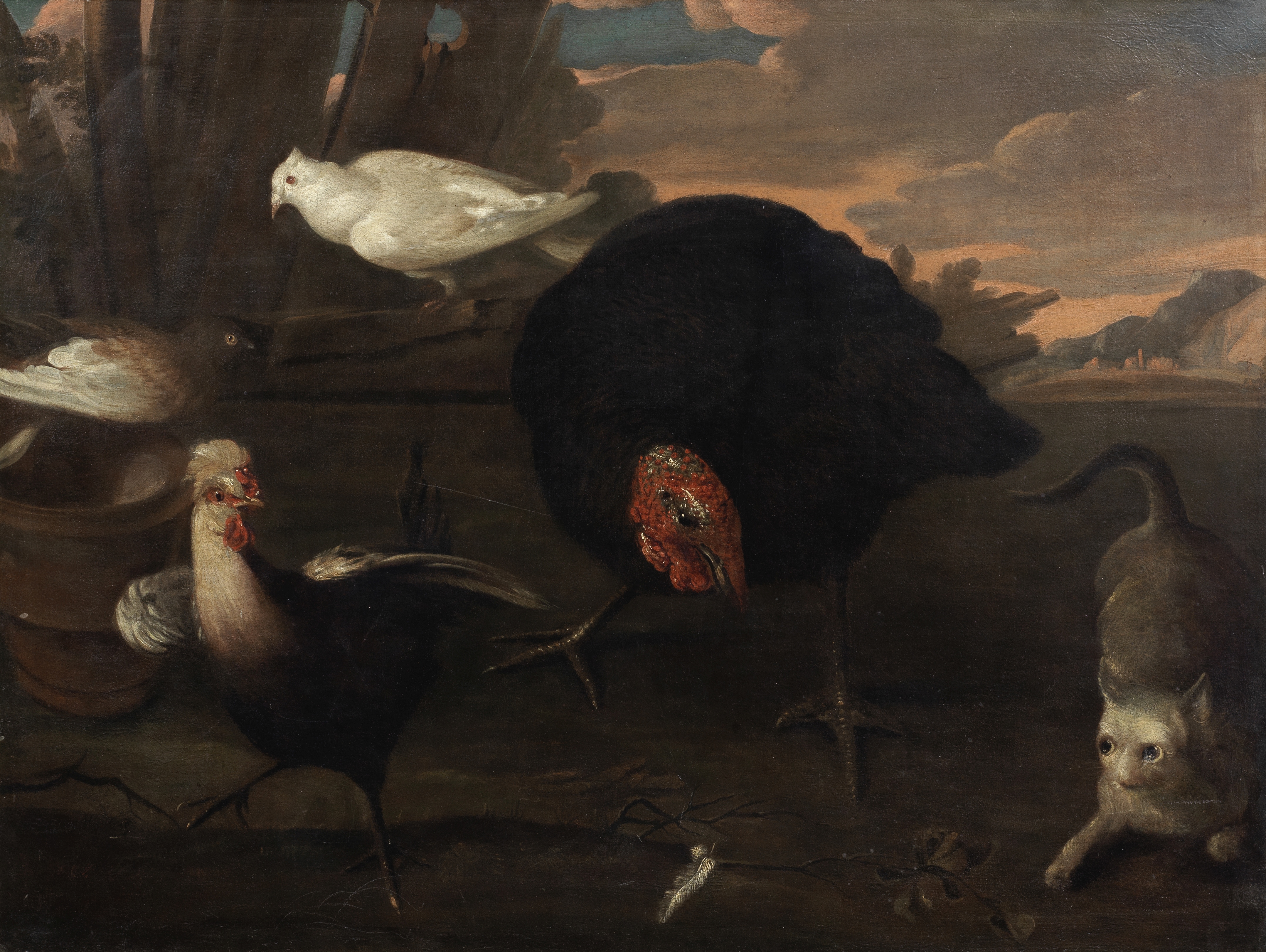 Follower of Melchior de Hondecoeter (Utrecht 1636-1695 Amsterdam) A turkey and other birds with a...