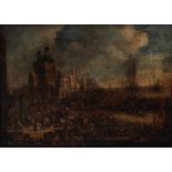 Pieter Casteels II (Antwerp, active 1673-circa 1701) A busy harbour with shipping at anchor in th...