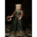 Swiss School, circa 1700 Portrait of a girl, full-length, in a green dress holding a garland of f...