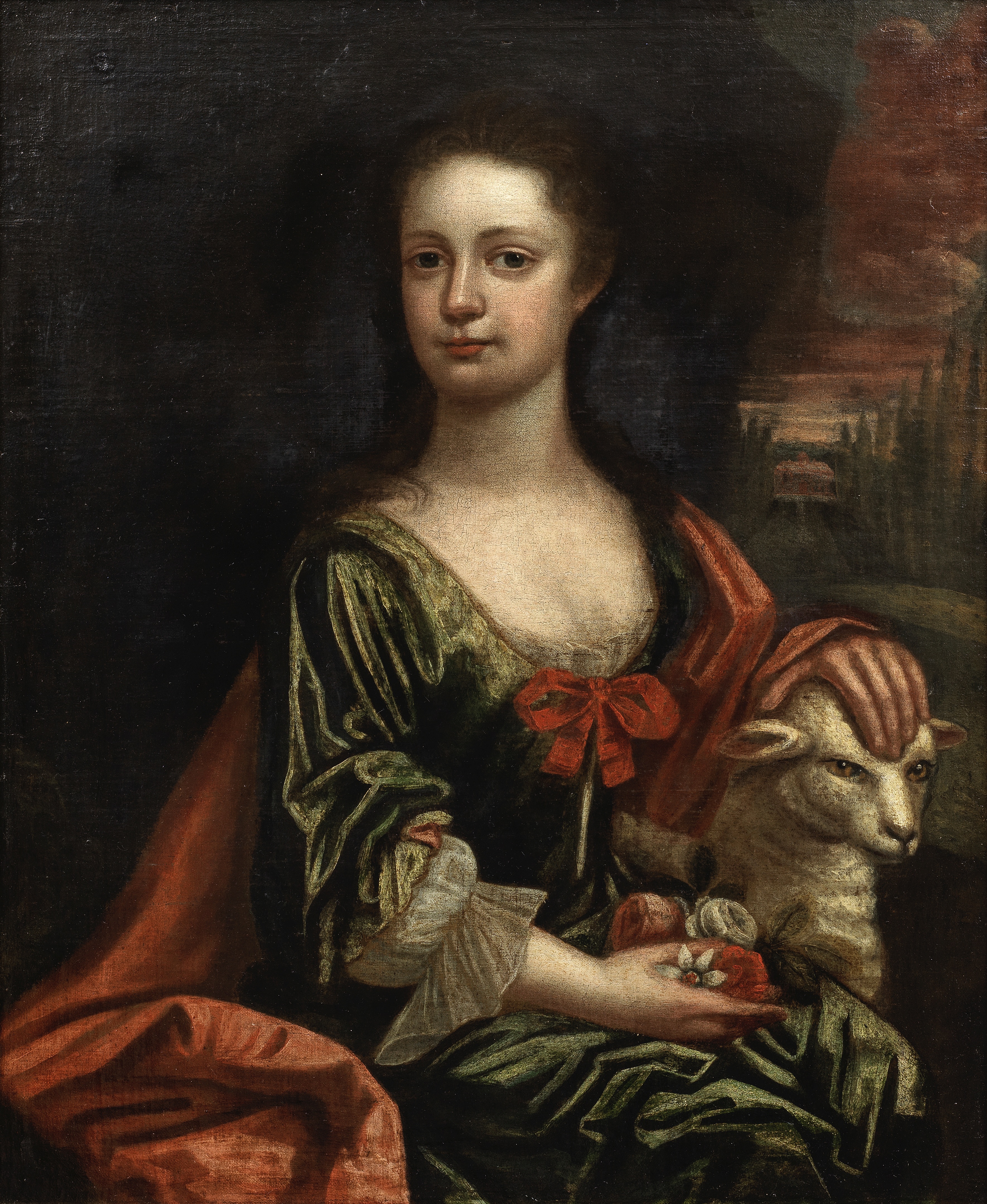English School, 18th Century Portrait of a girl, seated three-quarter-length, with a lamb before...