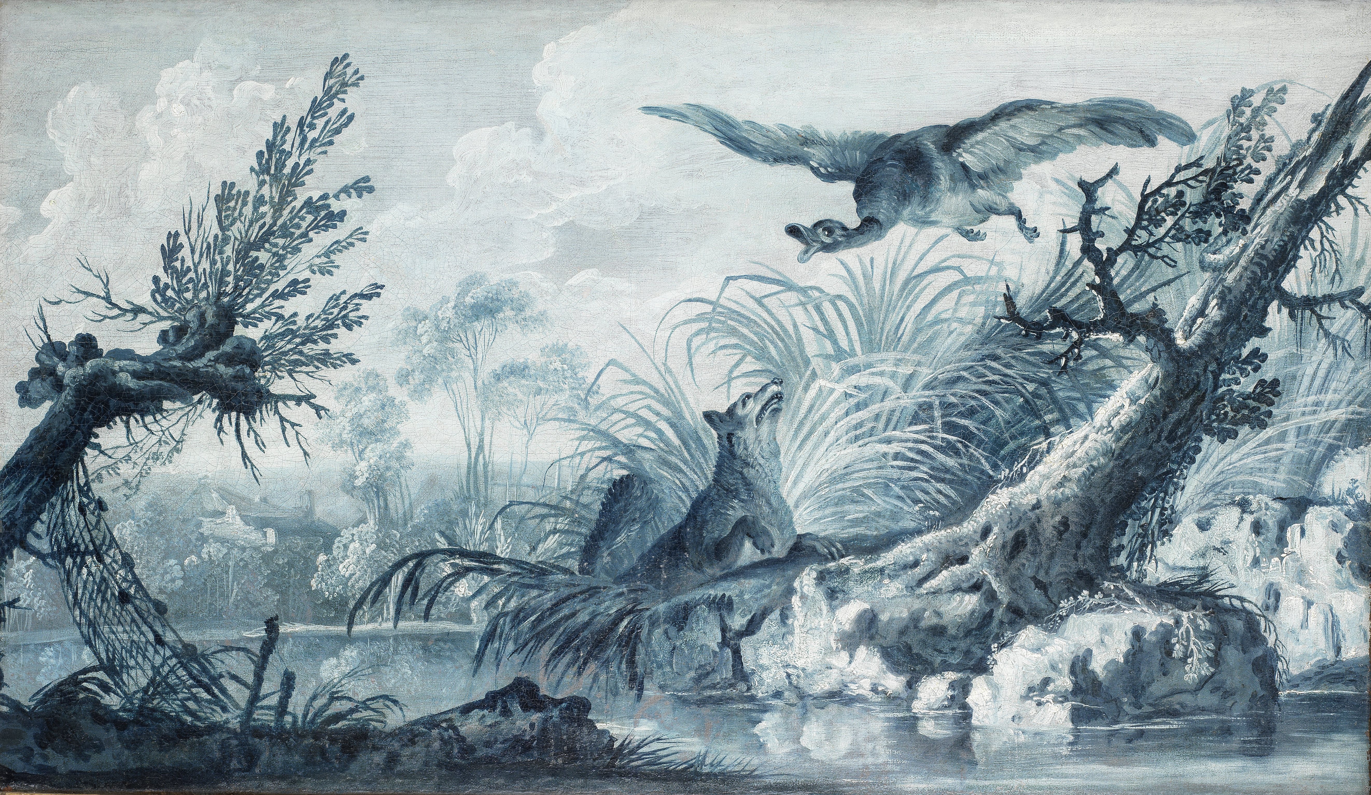 Circle of Jean-Baptiste Oudry (Paris 1686-1755 Beauvais) A river landscape with a fox chasing a duck