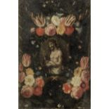 Antwerp School, 17th Century A garland of flowers surrounding Christ with the crown of thorns