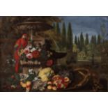 Circle of Abraham Brueghel (Antwerp 1631-1690 Naples) Fruit and flowers with a parrot before a fo...
