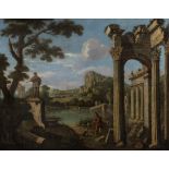 Roman School, 18th Century A capriccio of Roman ruins with a soldier in the foreground
