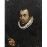 Bolognese School, early 17th Century Portrait of an architect, bust-length, holding a drawing com...