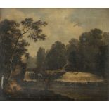 Irish School, early 19th Century A river landscape with a fisherman before a waterfall