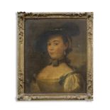 German School, 18th Century Portrait of a young lady, bust length, in a wide-brimmed straw hat; a...