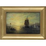 Adolphus Knell (British, active 1860-1890) Shipping at sunset; Fishing boats at anchor under moon...
