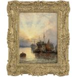 William Anslow Thornley (British fl, 1858-1898) Harbour scene at sunset; Harbour scene at moonlig...