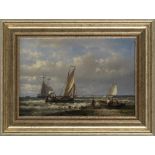 Abraham Hulk (Dutch, 1813-1897) Dutch fishing boats offshore; Fishing boats at anchor, a pair eac...