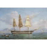 Tommaso de Simone (Italian, 1805-1888) A British naval warship in the bay of Naples, with Vesuviu...