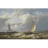 Abraham Hulk (Dutch, 1813-1897) A coastal landscape with Dutch fishing vessels in a choppy sea
