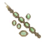 A JADEITE-INSET GILT-FILIGREE BRACELET, EARINGS, RING AND BROOCH SUITE Early 20th century (5)