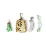 A RUSSET AND PALE GREEN JADE PENDANT AND THREE JADEITE ATTACHMENTS 19th/20th century (4)